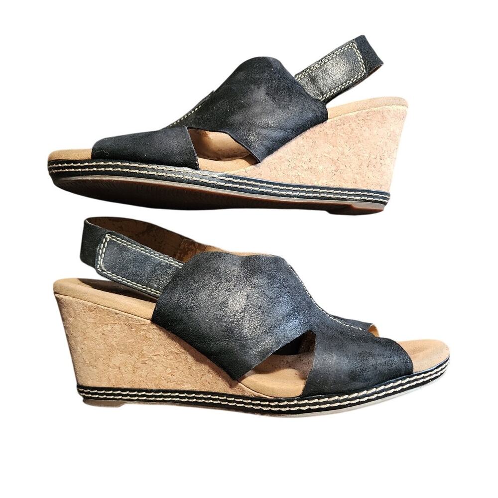 Clarks Halio Black Sued Wedge Open Toe Slingback Sandal Size 8